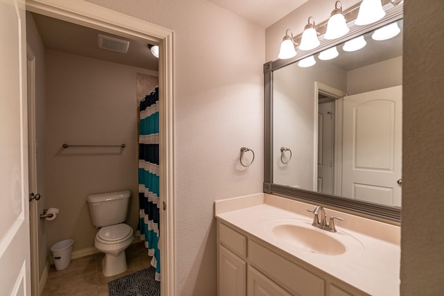 full bathroom with visible vents, toilet, vanity, tile patterned flooring, and baseboards