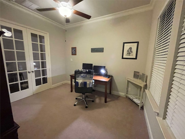 office space featuring carpet floors, baseboards, crown molding, and french doors