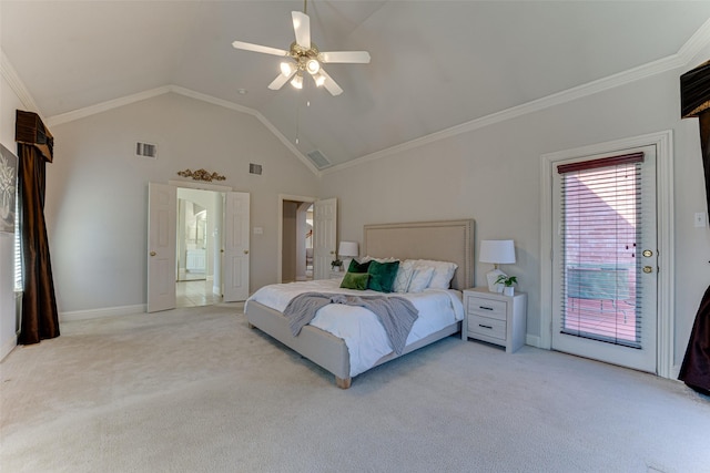 bedroom with access to outside, visible vents, crown molding, and light colored carpet