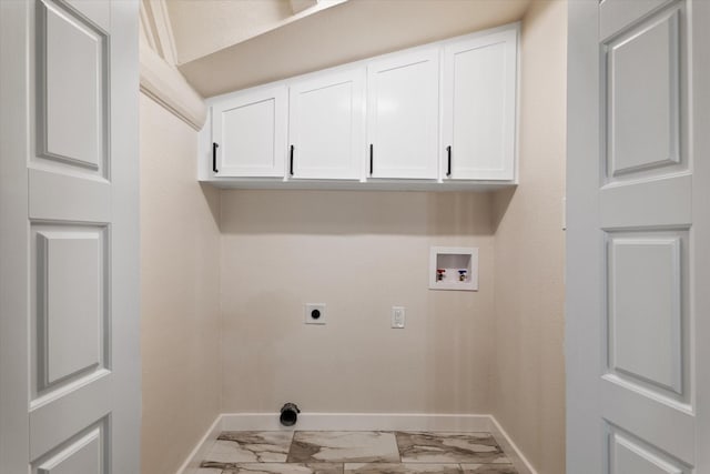 clothes washing area featuring hookup for a washing machine, marble finish floor, hookup for an electric dryer, and baseboards