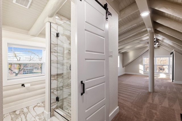 bathroom featuring lofted ceiling with beams, wood ceiling, visible vents, and baseboards