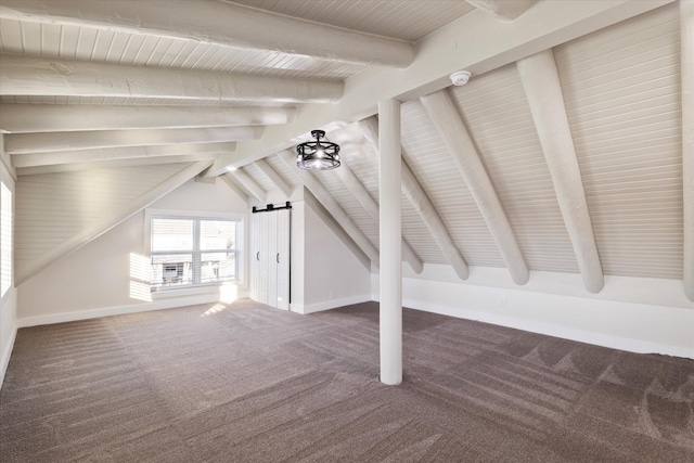 bonus room featuring dark carpet, vaulted ceiling with beams, and baseboards