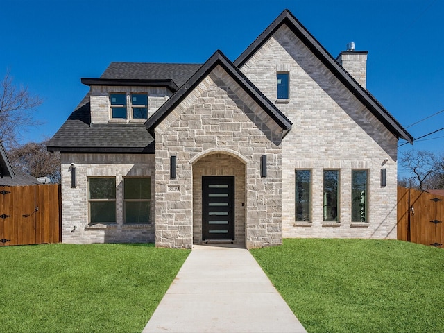 french provincial home with brick siding, a chimney, a front yard, a gate, and fence