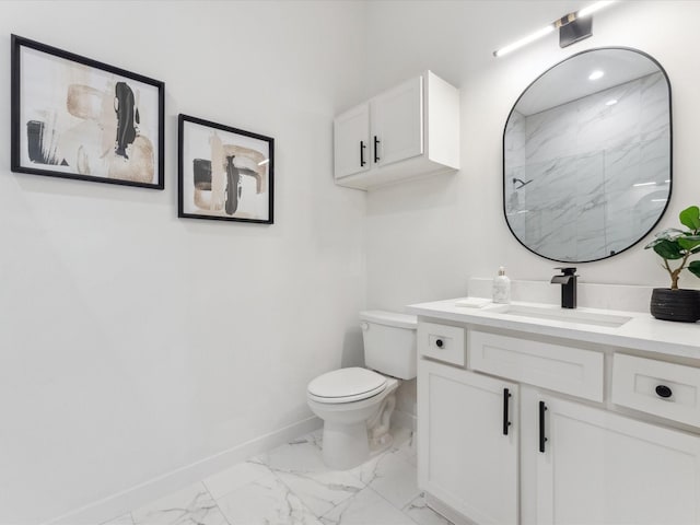 full bath featuring marble finish floor, a marble finish shower, toilet, vanity, and baseboards