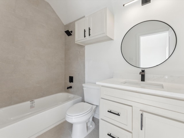 bathroom featuring shower / bath combination, toilet, tile patterned floors, vaulted ceiling, and vanity