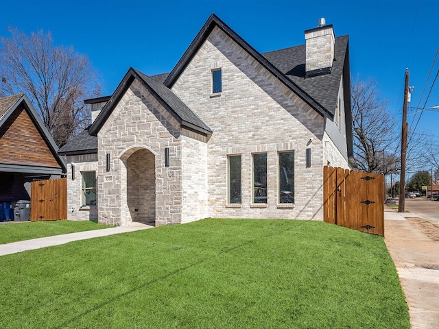 french country style house featuring a shingled roof, a chimney, a gate, a front lawn, and brick siding