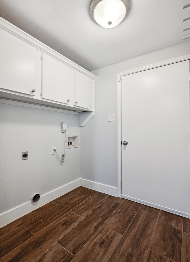 laundry area with washer hookup, dark wood finished floors, cabinet space, hookup for an electric dryer, and baseboards