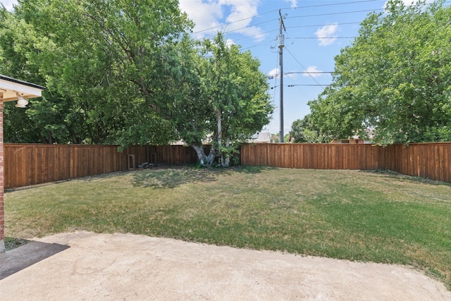 view of yard with a fenced backyard and a patio