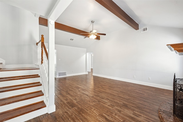 unfurnished living room with vaulted ceiling with beams, dark wood-style floors, visible vents, and stairway