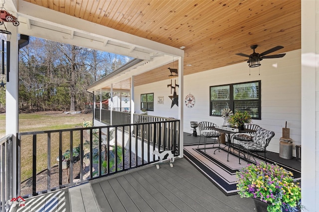 deck with covered porch and ceiling fan