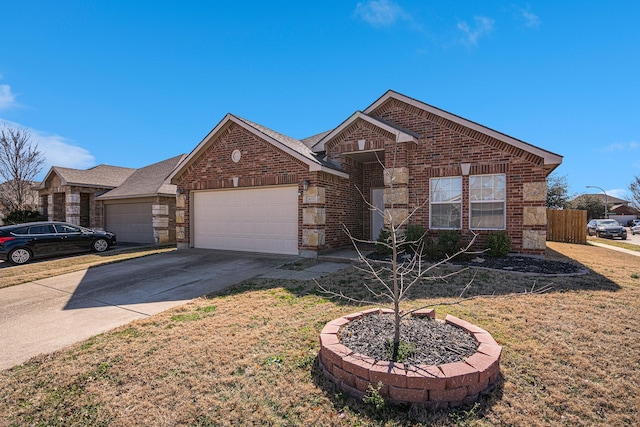 single story home featuring driveway, a front yard, a garage, and brick siding