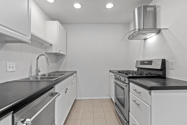 kitchen with stainless steel appliances, a sink, white cabinets, wall chimney range hood, and dark countertops