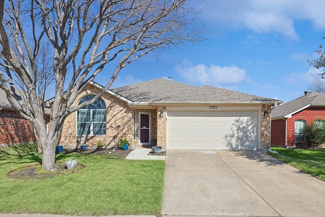 ranch-style house featuring concrete driveway, a front lawn, an attached garage, and brick siding