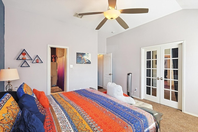 carpeted bedroom featuring lofted ceiling, ceiling fan, french doors, and visible vents