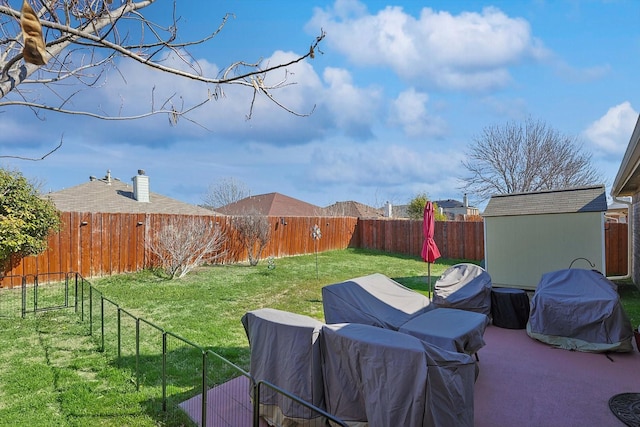 view of yard featuring a storage shed, a fenced backyard, a patio, and an outdoor structure