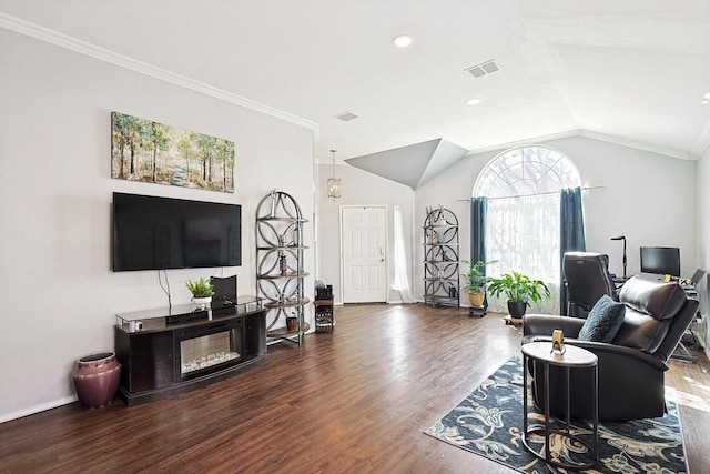 living area featuring lofted ceiling, dark wood-style flooring, visible vents, baseboards, and ornamental molding