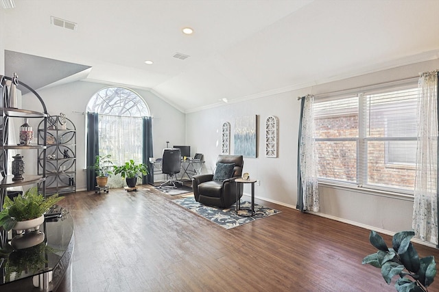 living area featuring lofted ceiling, dark wood-style flooring, visible vents, and baseboards