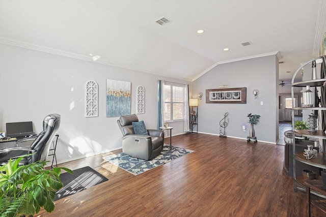 home office with crown molding, lofted ceiling, dark wood finished floors, and baseboards