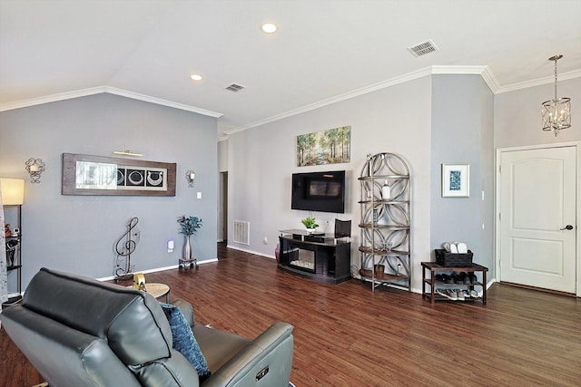 living room featuring dark wood-style floors, visible vents, and vaulted ceiling