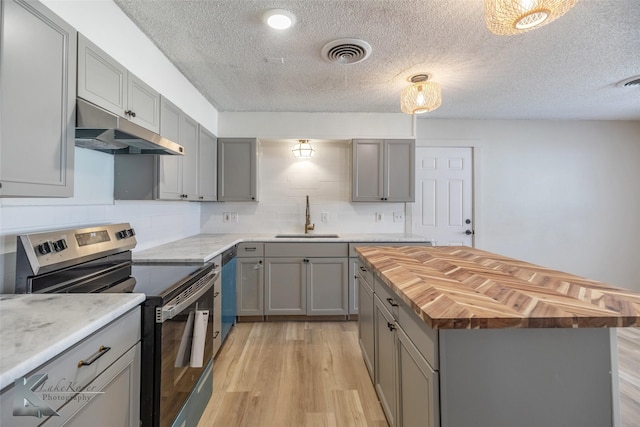 kitchen with stainless steel appliances, visible vents, a sink, butcher block countertops, and under cabinet range hood