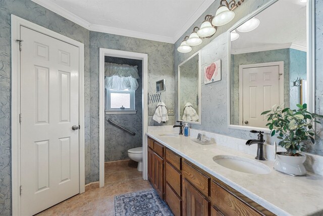 full bathroom featuring a sink, crown molding, and wallpapered walls