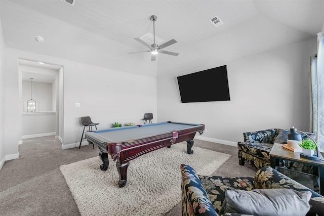 rec room with carpet floors, lofted ceiling, visible vents, and baseboards