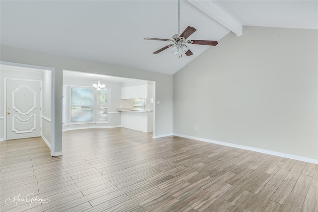 unfurnished living room featuring ceiling fan with notable chandelier, lofted ceiling with beams, baseboards, and wood tiled floor