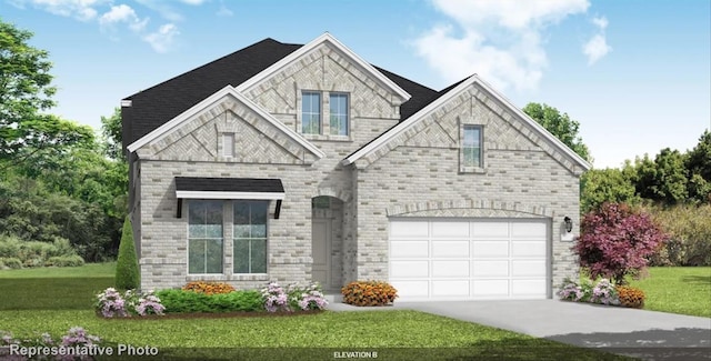 view of front of property featuring a garage, concrete driveway, brick siding, and a front yard