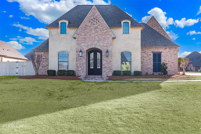 french country inspired facade with french doors, brick siding, a front lawn, and a gate