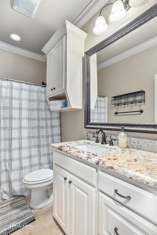 full bath featuring visible vents, toilet, stone tile floors, crown molding, and vanity