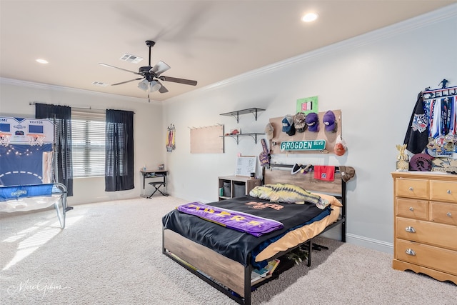 bedroom featuring visible vents, baseboards, carpet floors, ornamental molding, and recessed lighting