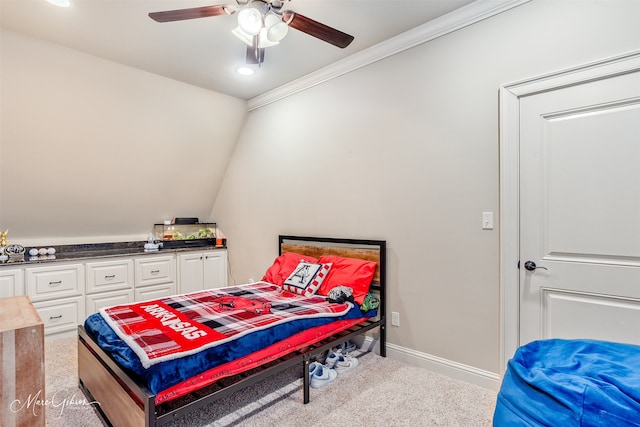 carpeted bedroom featuring a ceiling fan, baseboards, recessed lighting, ornamental molding, and vaulted ceiling