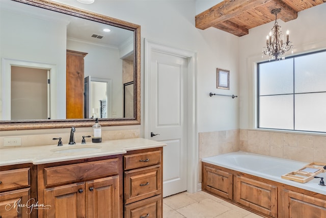 bathroom with visible vents, beam ceiling, ornamental molding, a bath, and vanity