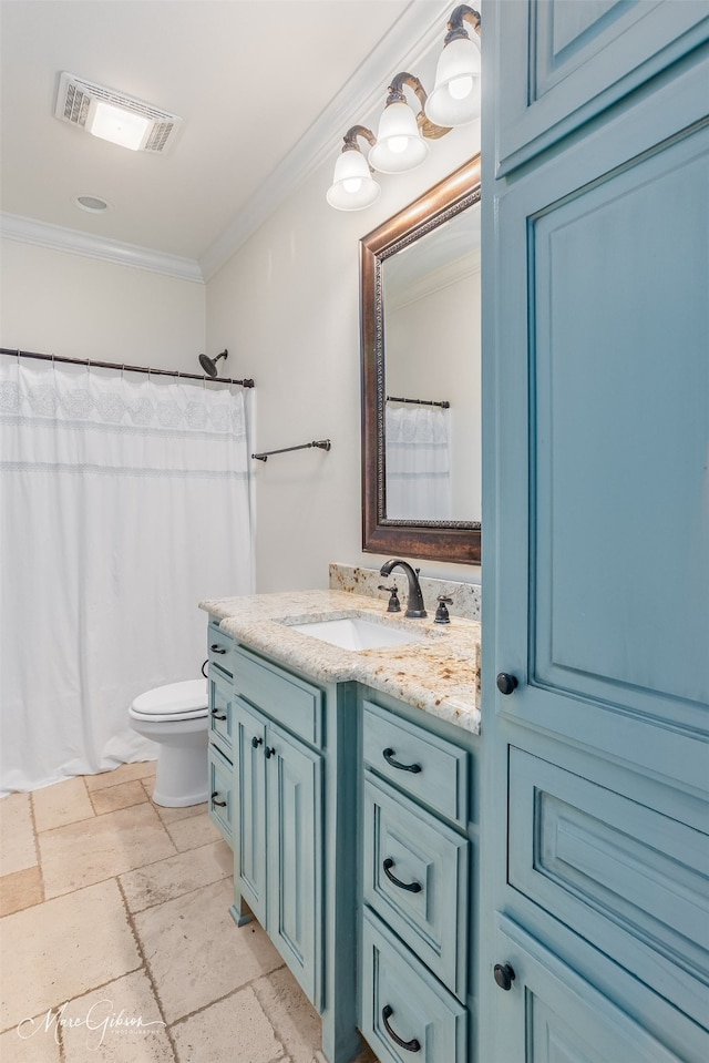 full bathroom featuring vanity, visible vents, stone tile flooring, crown molding, and toilet