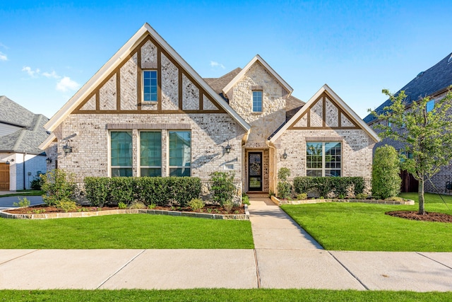 tudor house with stone siding, brick siding, and a front lawn