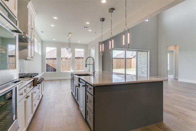 kitchen with stainless steel appliances, light countertops, white cabinets, and an island with sink