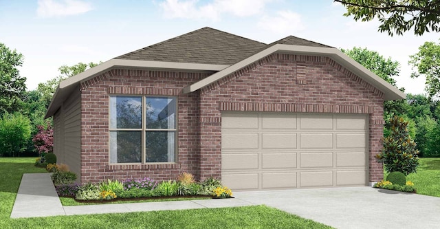 view of front facade featuring a garage, concrete driveway, brick siding, and a shingled roof