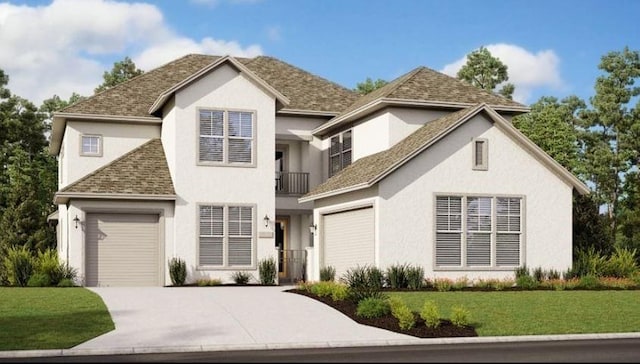 traditional home featuring roof with shingles, stucco siding, concrete driveway, an attached garage, and a balcony