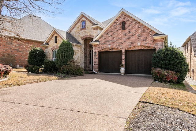 view of front of house featuring stone siding, driveway, brick siding, and an attached garage