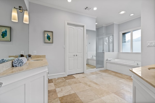 full bathroom with two vanities, a sink, visible vents, ornamental molding, and a stall shower