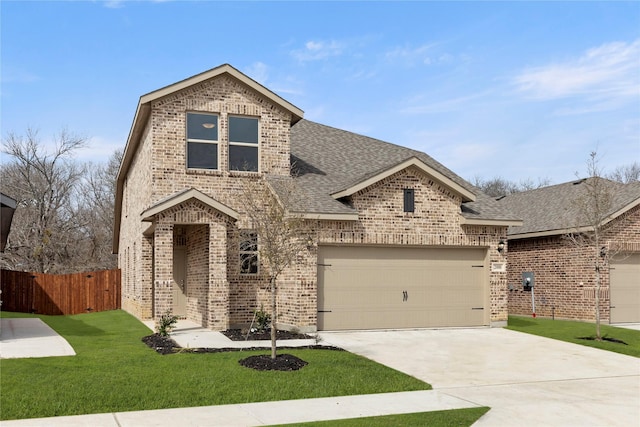 view of front of property featuring fence, a shingled roof, concrete driveway, a garage, and brick siding