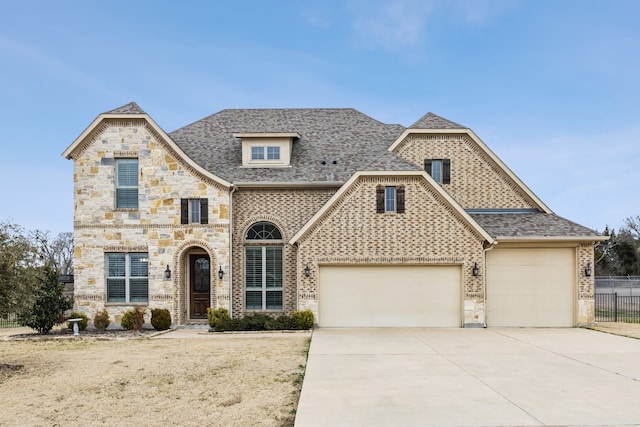 french country inspired facade featuring an attached garage, brick siding, driveway, and roof with shingles