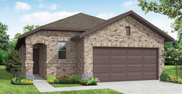 view of front of home featuring driveway, brick siding, an attached garage, and a shingled roof