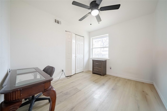 home office featuring a ceiling fan, light wood-type flooring, visible vents, and baseboards