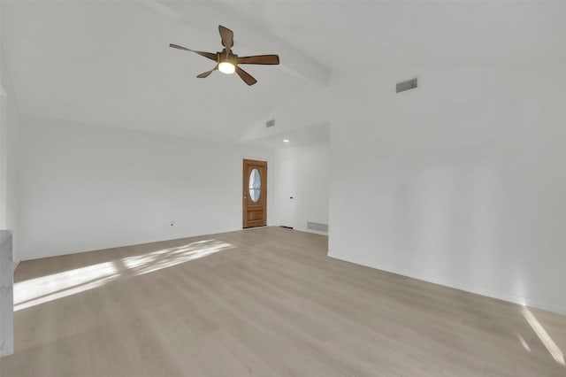 unfurnished living room featuring a ceiling fan, beamed ceiling, visible vents, and light wood-style floors