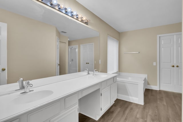 bathroom featuring double vanity, wood finished floors, a shower stall, and a sink