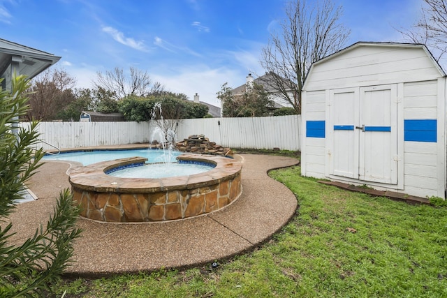 view of swimming pool featuring a fenced backyard, a storage unit, an outdoor structure, and an in ground hot tub