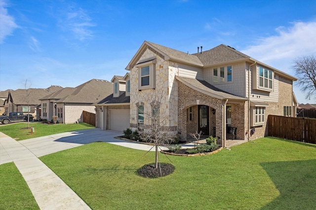 view of front of property with a front yard, stone siding, brick siding, and driveway