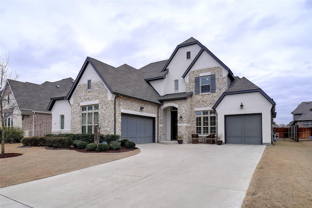 french provincial home with a garage, concrete driveway, a shingled roof, and stone siding