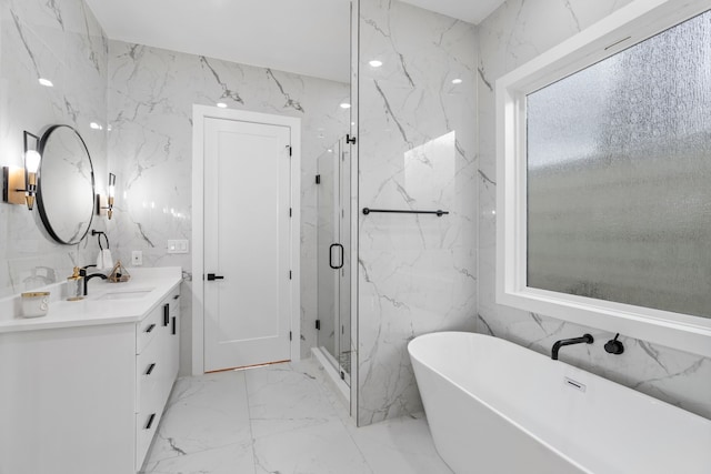 full bathroom featuring marble finish floor, a marble finish shower, and stone wall